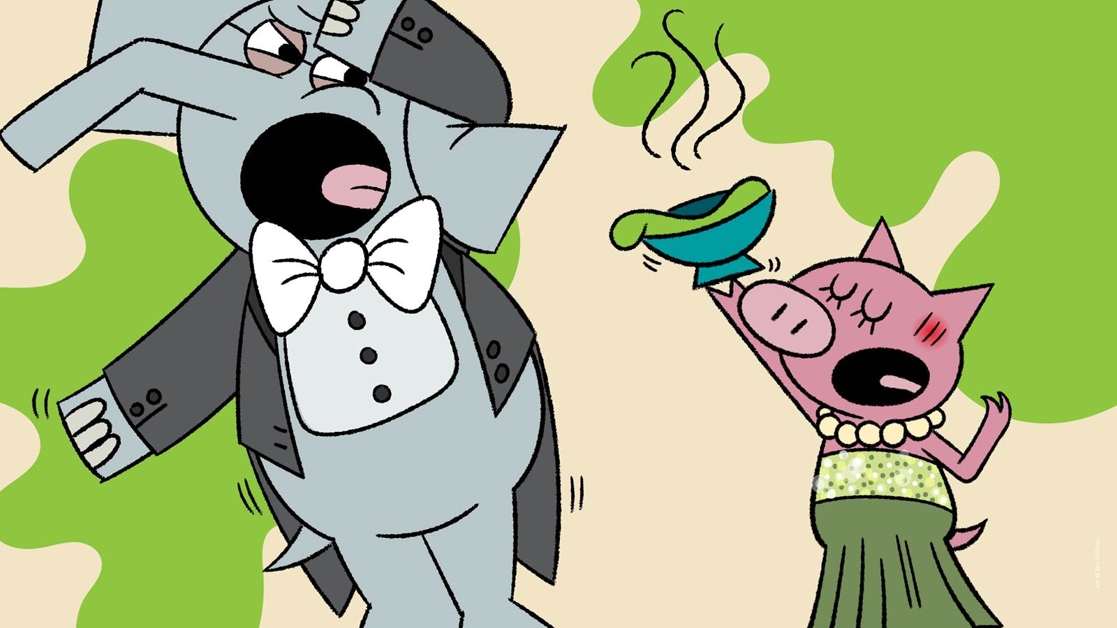 A cartoon elephant wearing a black tuxedo jacket with tails and a white bowtie has his mouth wide open and his eyes looking to the right is leaning to the left away from a cartoon pig who is wearing a green strapless gown and pearl necklace. Her eyes are closed and her mouth is also wide open and she is holding up a bowl of green slop towards the elephant.