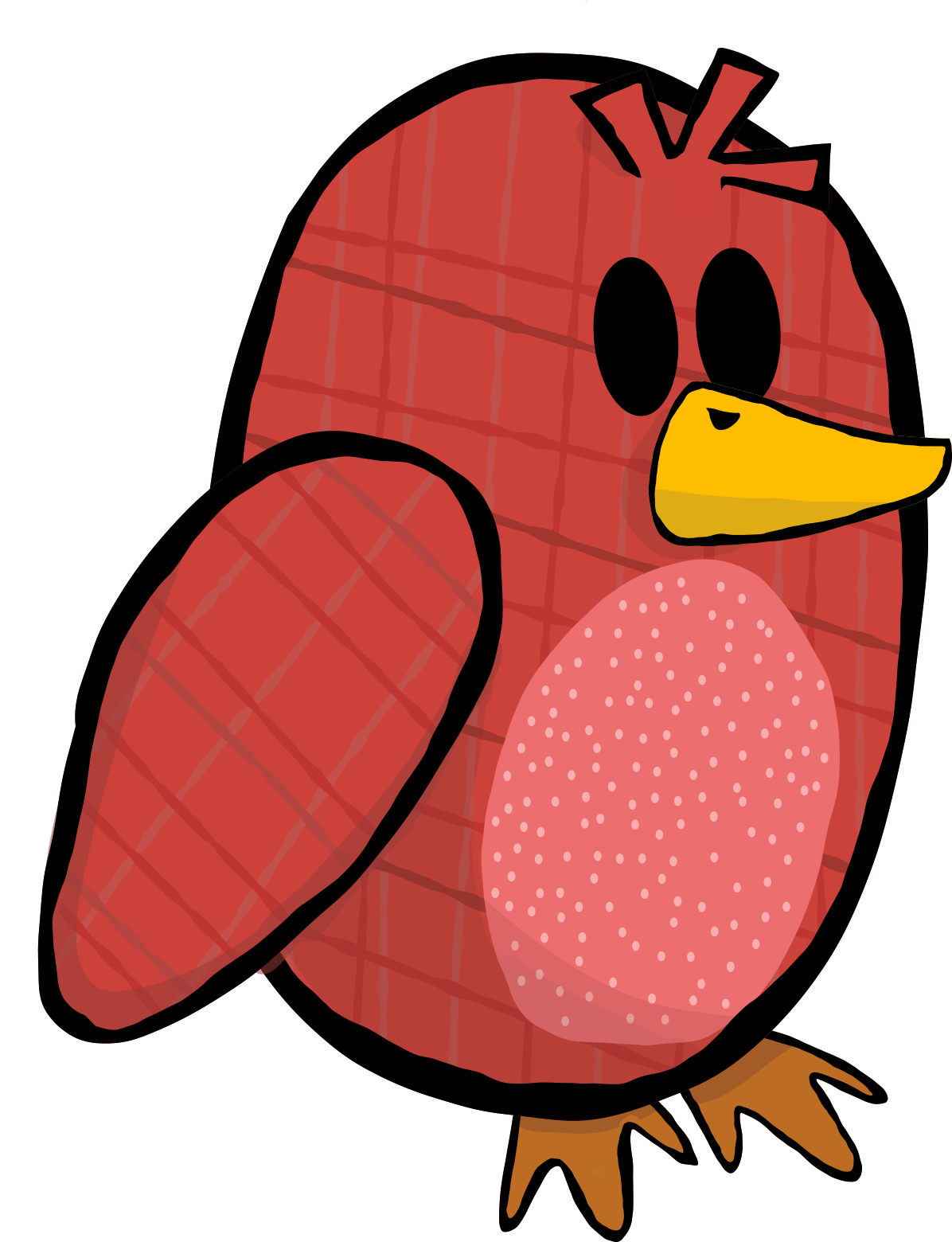 An illustration of the red bird puppet with a light plaid pattern. It has a dark yellow beak and light white speckles on its tummy.