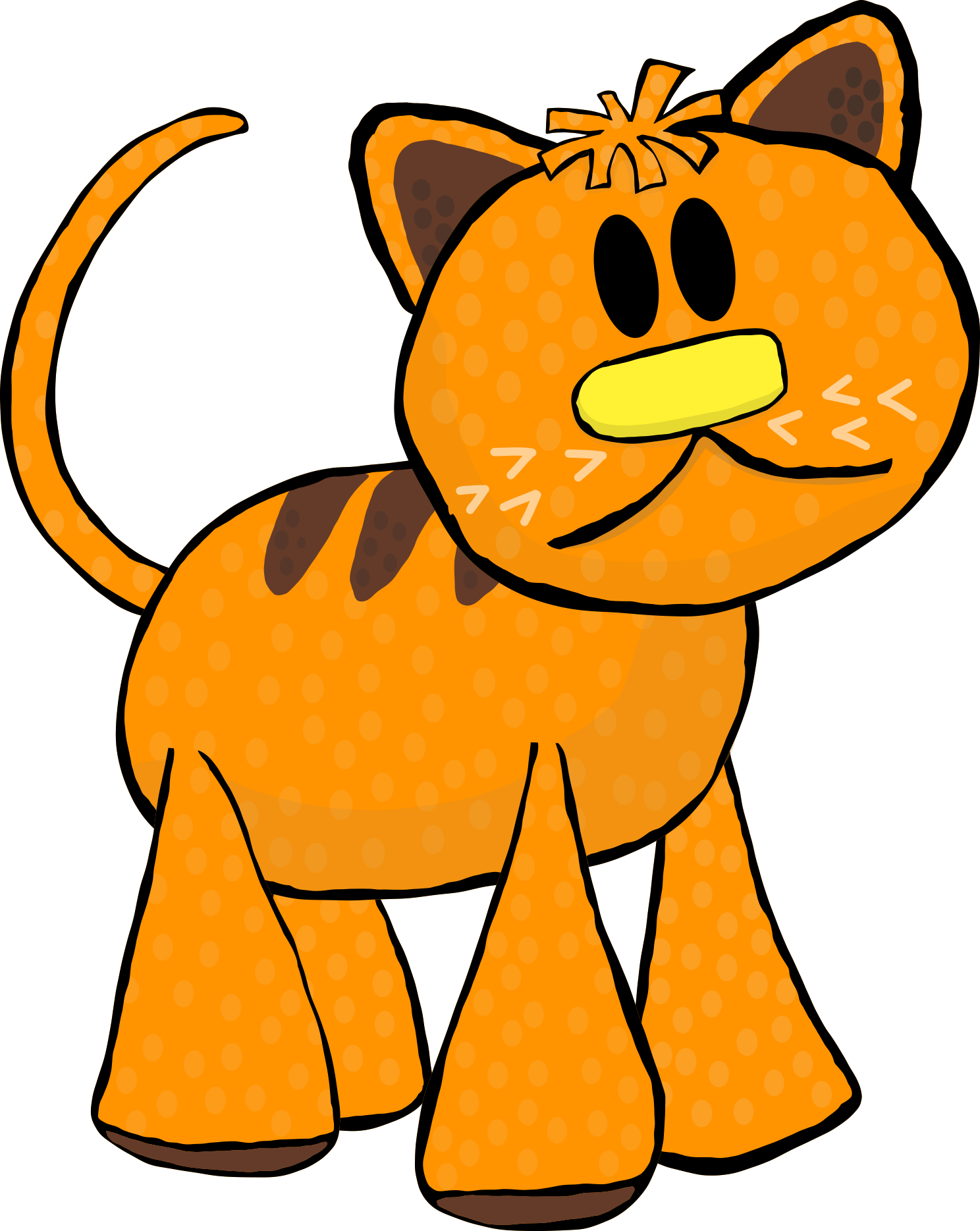An illustration of the orange cat puppet. It has dark brown stripes on its back that match the inside of its ears. It has a yellow nose and little whiskers.