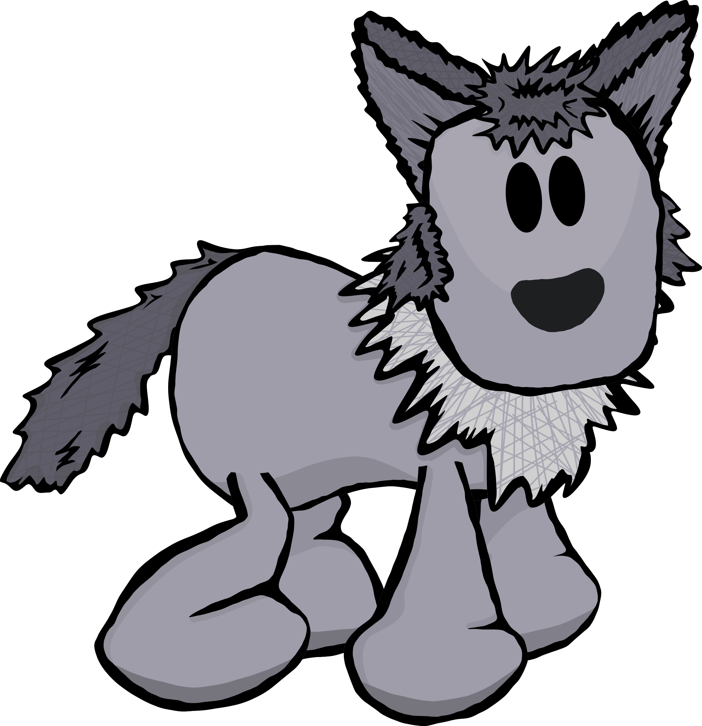 An illustration of the gray wolf puppet. It has a lighter gray fluffy neck. Its tail and ears are a matching darker gray color.
