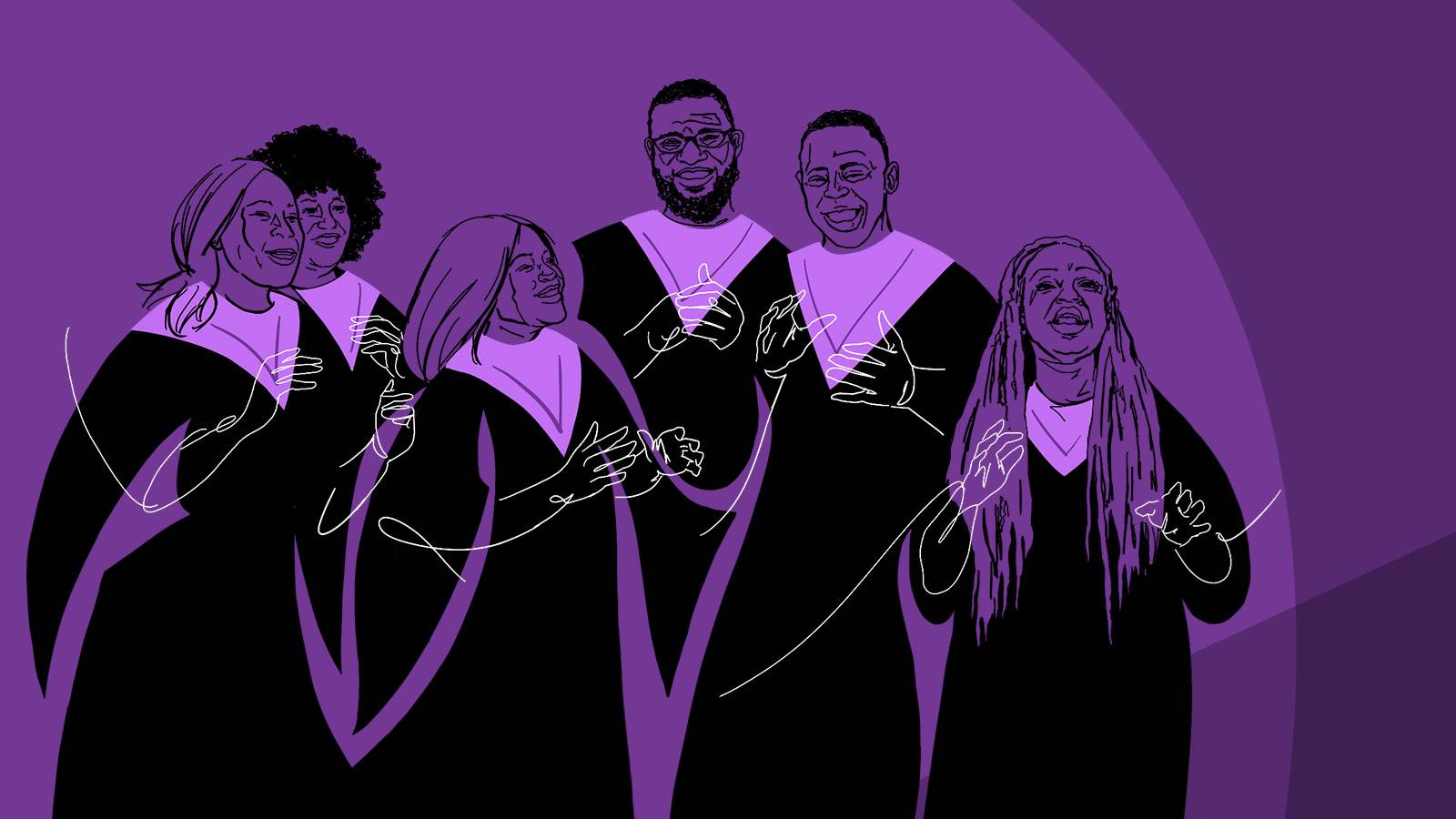 drawing of gospel singers on purple background