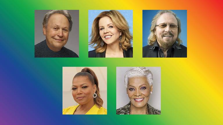 Image of Kennedy Center Honorees including actor and comedian Billy Crystal; acclaimed soprano Renée Fleming; British singer-songwriter producer, and member of the Bee Gees, Barry Gibb; rapper, singer, and actress Queen Latifah; and singer Dionne Warwick.